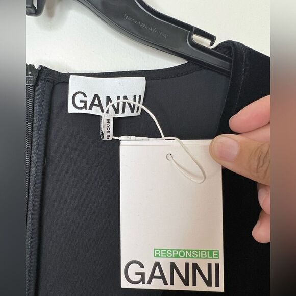 GANNI Black Long Sleeve U-Neckline Velvet Jersey Ruched Mini Dress Size US 6 - Picture 9 of 14